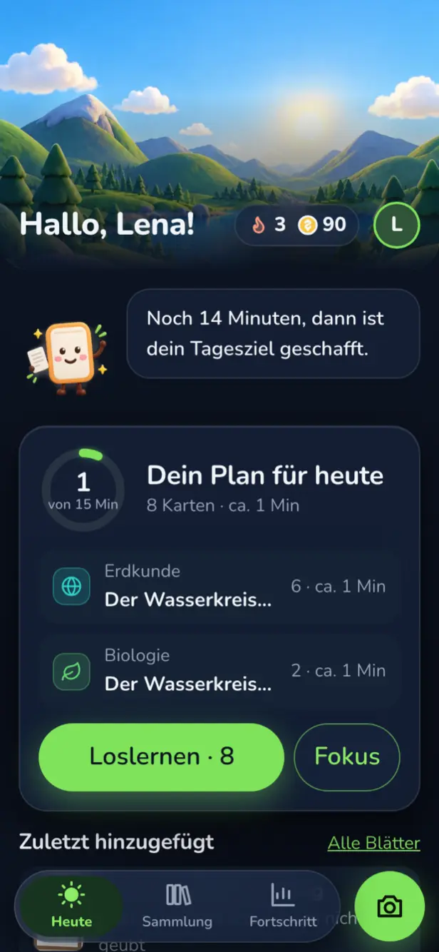 Der Startbildschirm von CardyCardy: „Dein Plan für heute“ mit 8 Karten aus Erdkunde und Biologie, darunter der Knopf „Loslernen · 8“.
